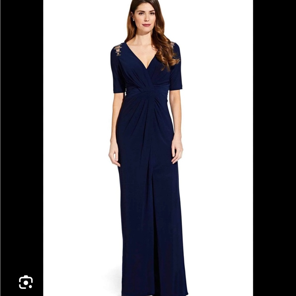 Adrianna Papell Embellished V-neck Jersey Sheath Dress Size 6 Navy Midnight